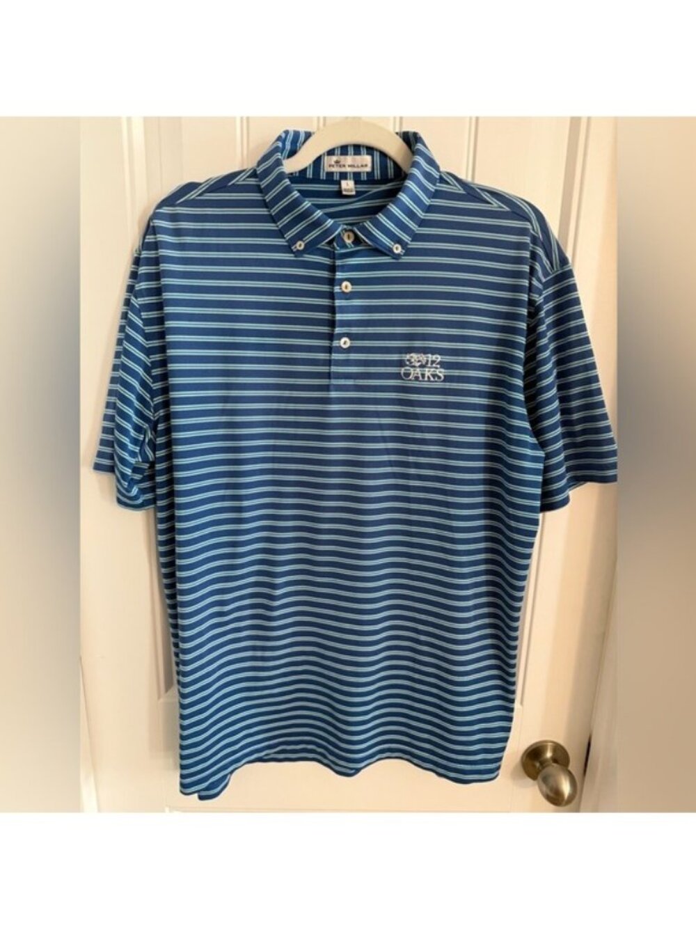 12 Oaks Golf Peter Millar Striped Performance Polo Shirt Men’s L Blue/White